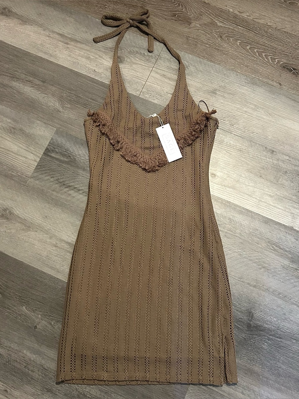 NWT Small Sage Brown Knit Country Western Fringe Halter Mini Dress